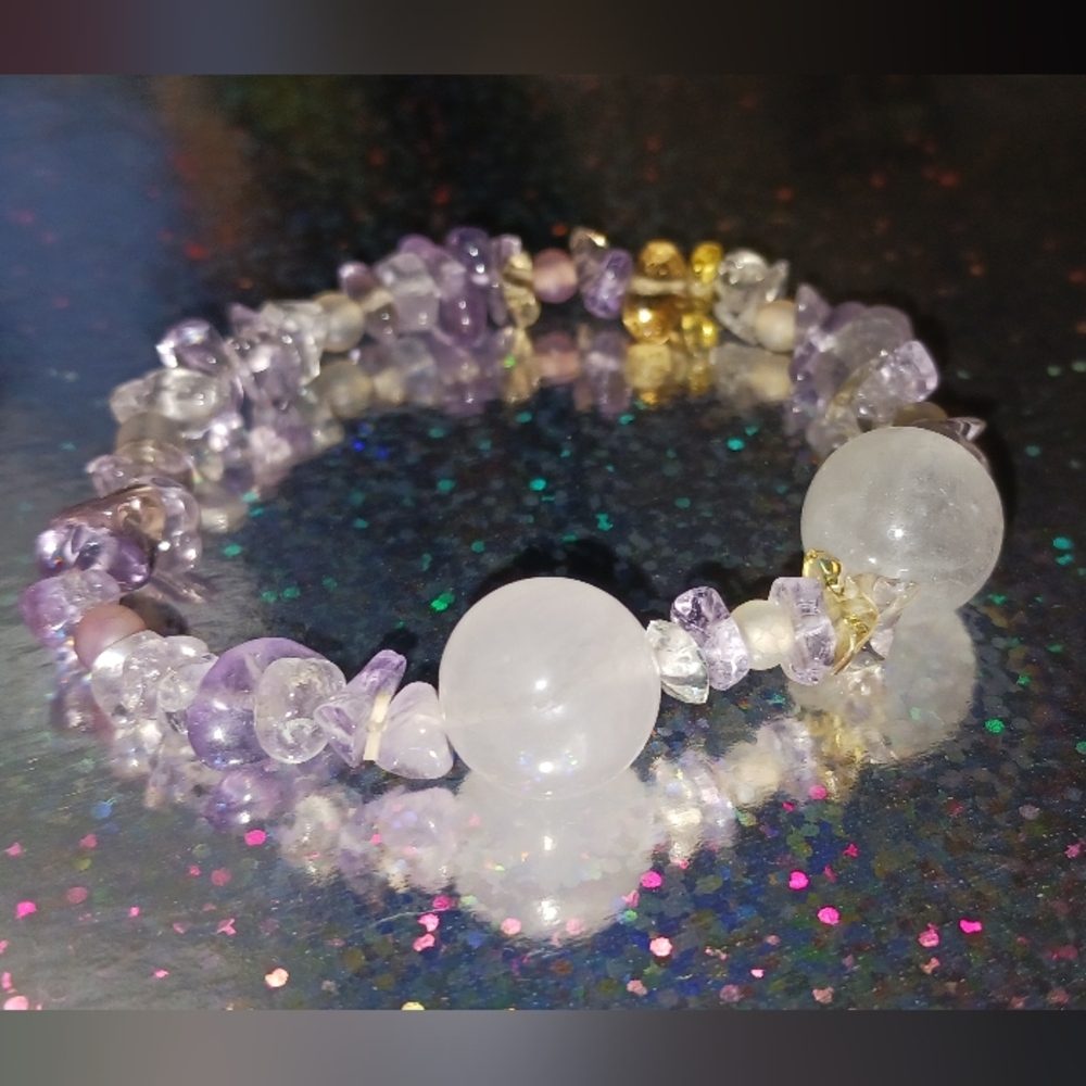 Elegant Amethyst Purple and Citrine Golden Beaded Bracelet Rose Quartz Color